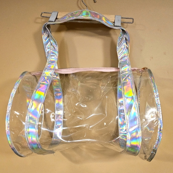 PVC HOLOGRAPHIC AND PINK CLEAR DUFFEL BAG - Picture 1 of 5